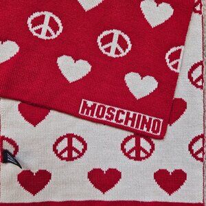 Moschino Peace & Love Hearts Scarf Merino Wool Blend Red White